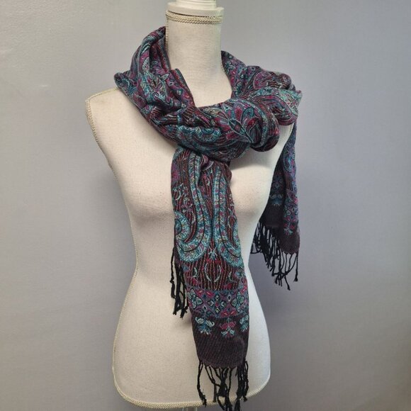 Wrap Shawl Frings Boho Wide‎ Scarf Accessory Blue Purple Paisley Tribal - Picture 7 of 10